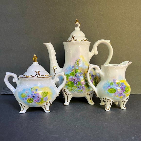 VTG Violet Tea Set Hand-painted Porcelain Teapot Creamer Sugar Bowl Victorian - Picture 1 of 16